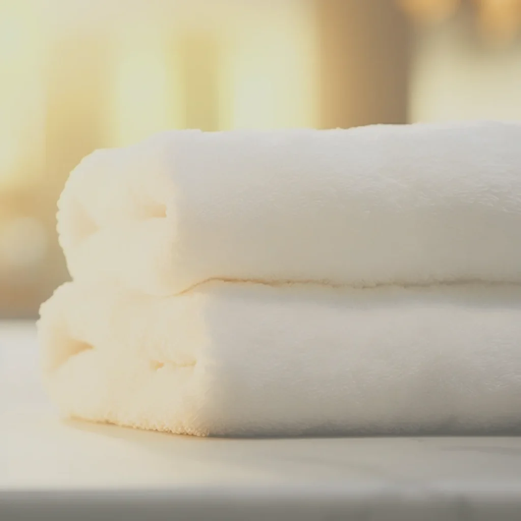 暖かな光に包まれた白いタオルのやわらかな質感が伝わる静かな一枚。