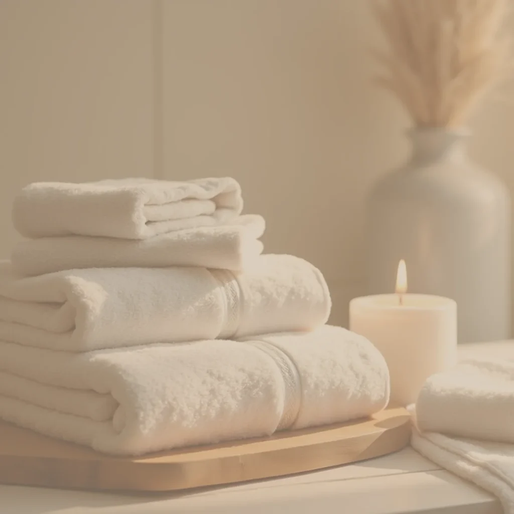 柔らかなキャンドルの灯りと白いタオルが並ぶ、静かな夜のケアシーン。