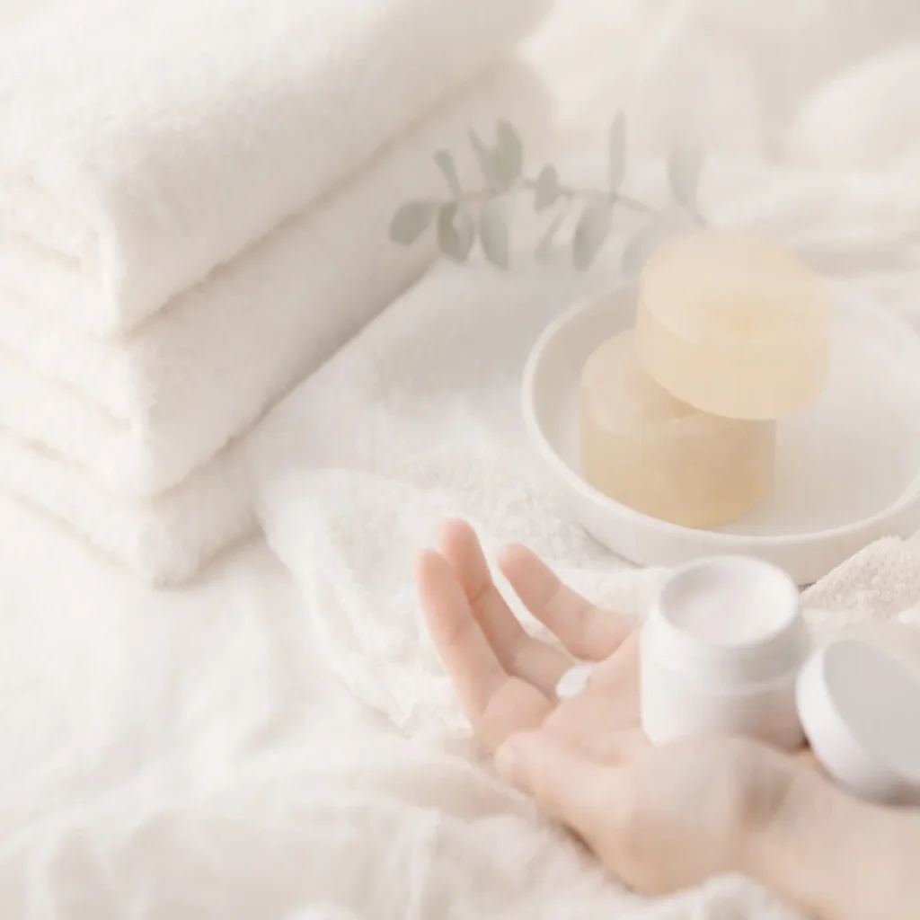 白いタオルと石鹸が置かれた静かなケアシーン。手のひらにクリームをのせて整えるやさしい夜のイメージ。