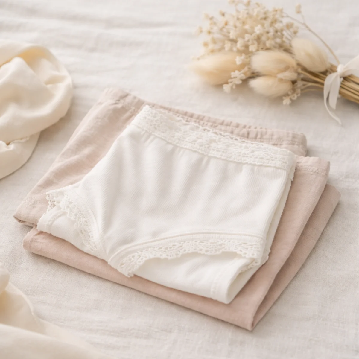 ベージュの布の上に重ねた白い下着と淡いトーンの布、ドライフラワーが添えられたやさしいセルフケアのイメージ。