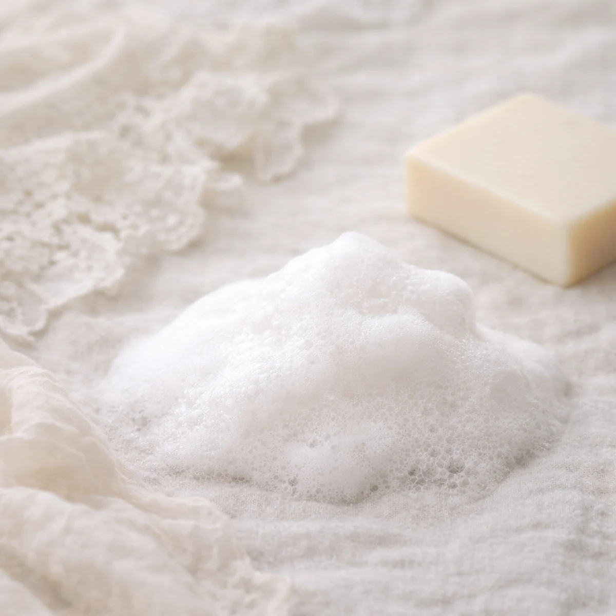 白い泡と石けんが、やわらかな生成りの布の上に置かれた、清潔感のある静かなイメージ。