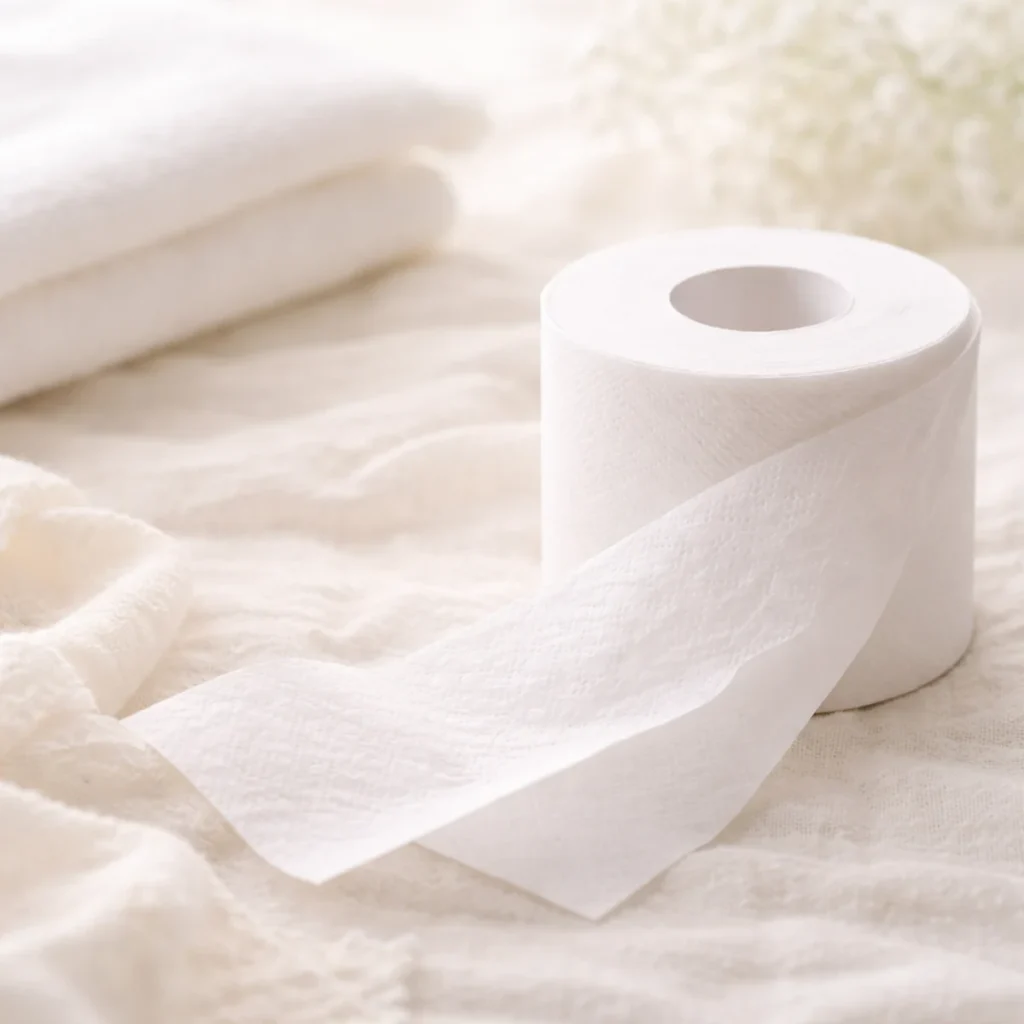 白いトイレットペーパーとやわらかなタオルが、生成りの布の上に置かれた、清潔感のある静かなイメージ。