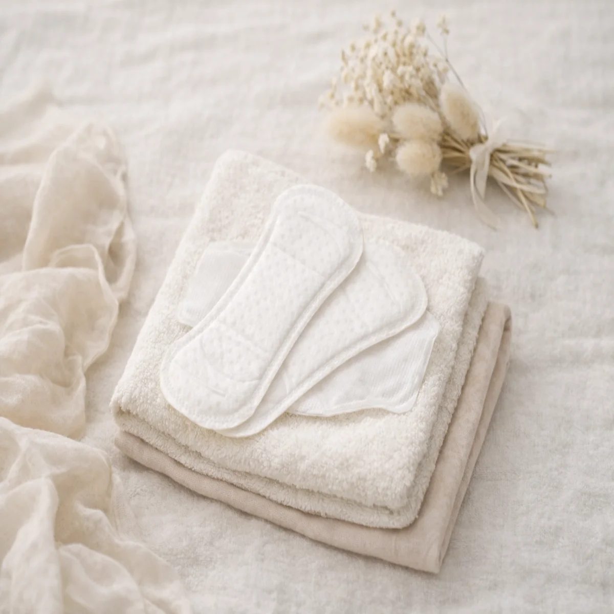 白い布の上に折り重ねたタオルと布の上へ、白い吸水パッドを置いたやさしいセルフケアのイメージ。