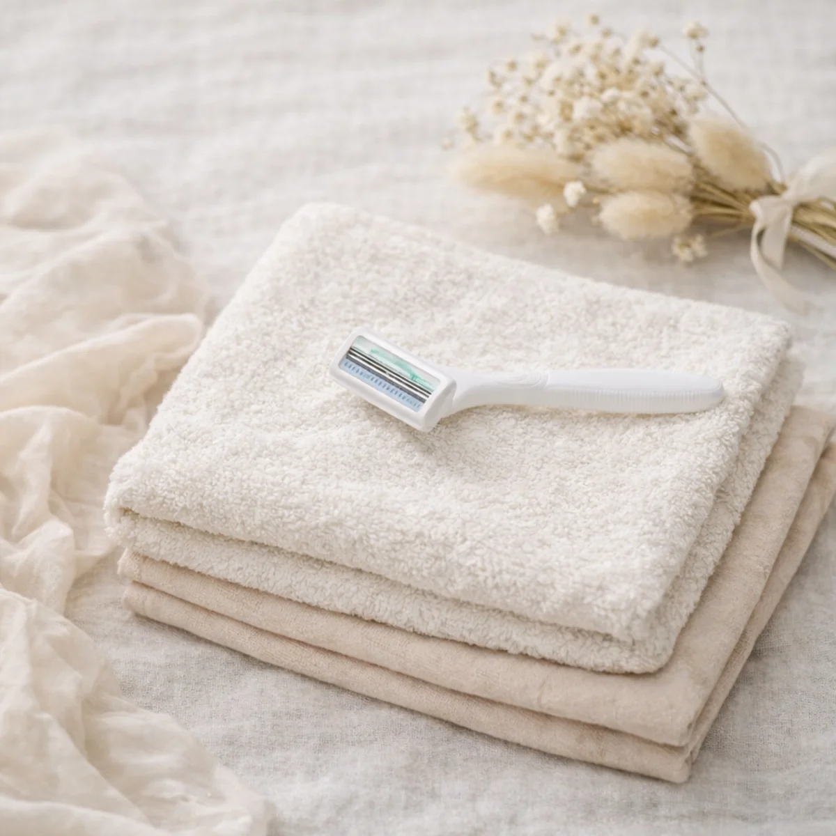 白いタオルとベージュの布の上にカミソリを置いた、やさしいセルフケアのイメージ。