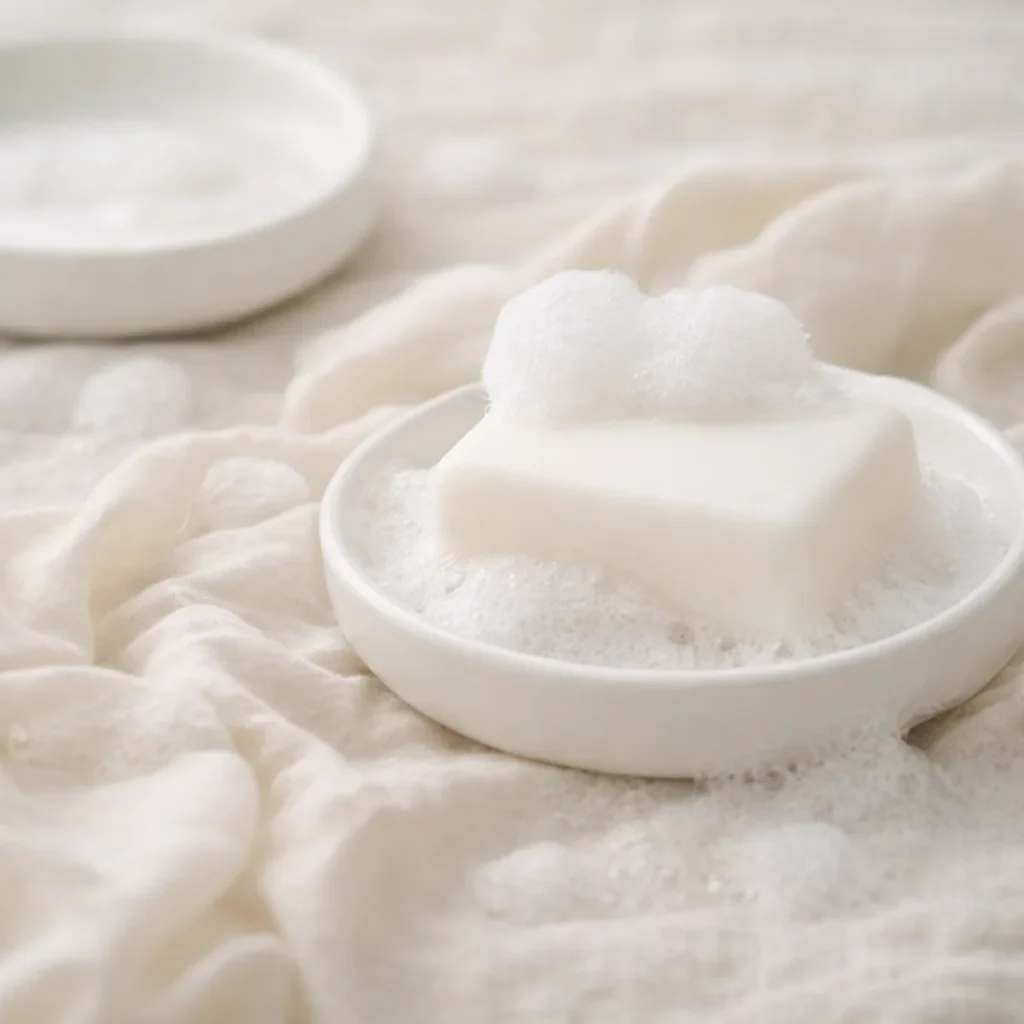 白い石鹸とやわらかな泡がのったトレイが、淡い布の上に置かれた静かなセルフケアのイメージ。