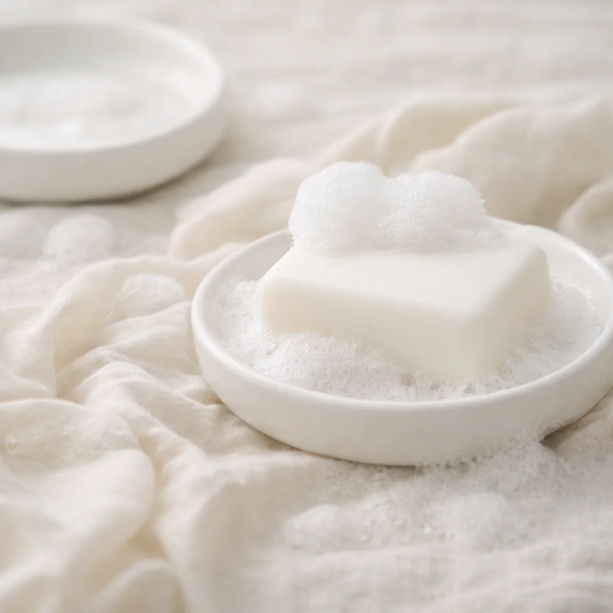 白い石鹸とやわらかな泡がのったトレイが、淡い布の上に置かれた静かなセルフケアのイメージ。