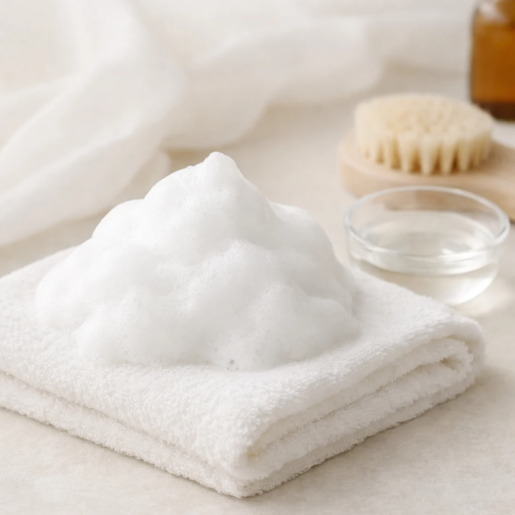 白い泡がやわらかなタオルの上に置かれた、清潔感のある静かなケアのイメージ。