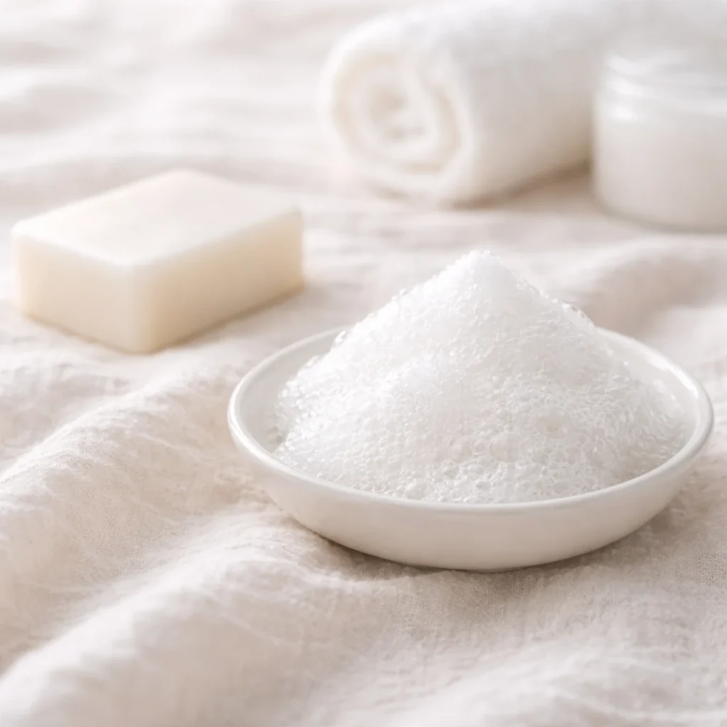 白いリネンの上の白い小皿に、きめ細かな泡がこんもりとのり、近くに白い石けんが静かに置かれた清潔感のあるケアのイメージ。