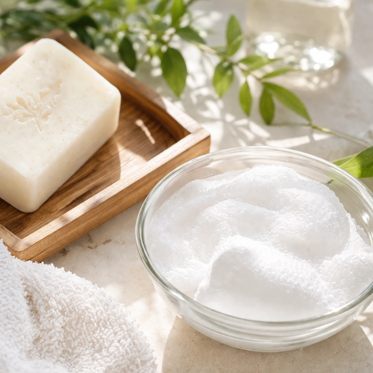 白いタオルとやわらかな光の中で、白い石けんと泡の入ったガラスボウルが静かに置かれた清潔感のあるケアのイメージ。