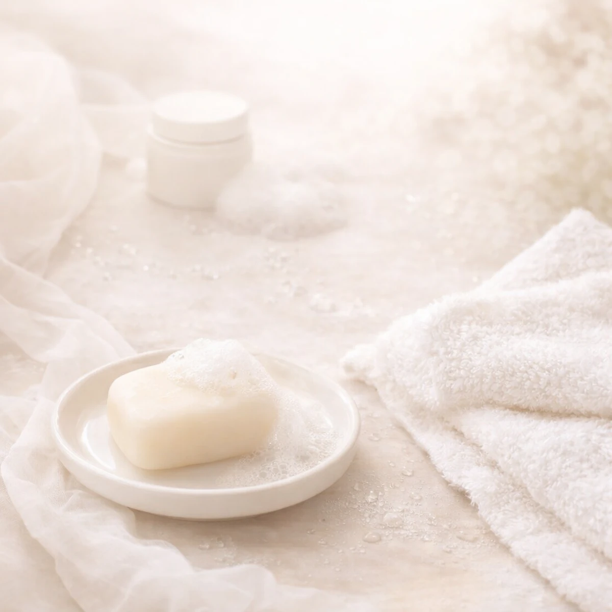 白い小皿の上に白い無地の石けんと少量の泡が置かれ、やわらかな布と白いタオルに囲まれた清潔感のあるケアのイメージ。