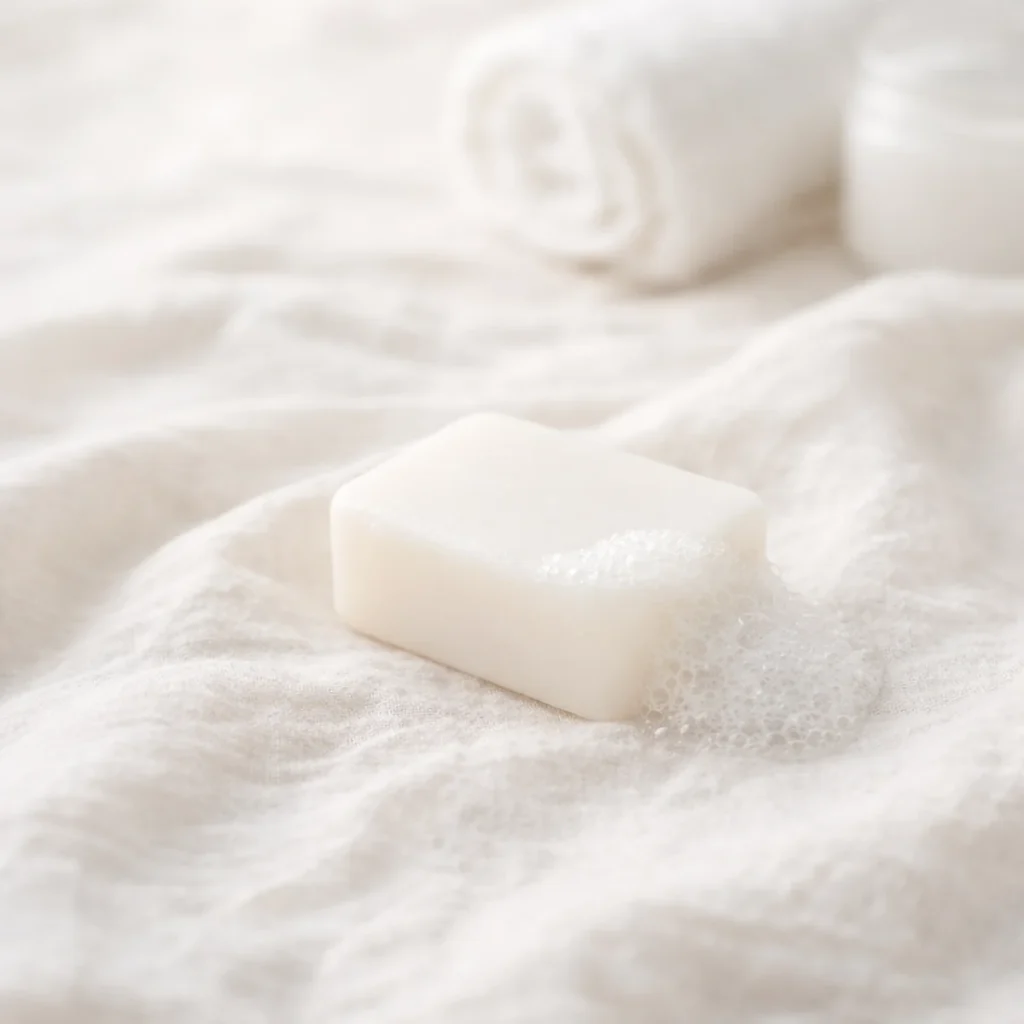 白いリネンの上に、白い無地の石けんと少量の泡が静かに置かれた清潔感のあるケアのイメージ。