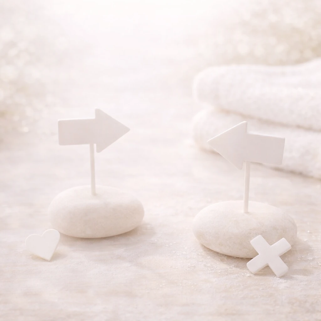 白い背景の上に、左右を向いた白い矢印モチーフが丸い石の上に置かれ、奥に白いタオルがやわらかくぼけて見えるイメージ。