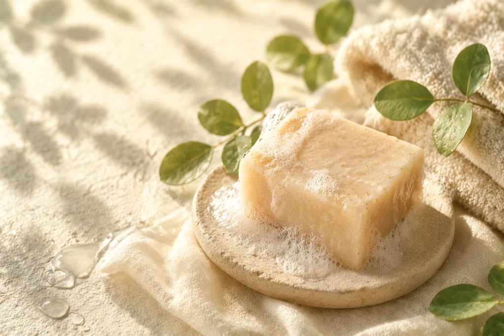 生成りの布の上で、白い小皿に無地の石けんと少量の泡が置かれ、やわらかな光とタオル、小さな葉が静かに添えられた清潔感のあるケアのイメージ。