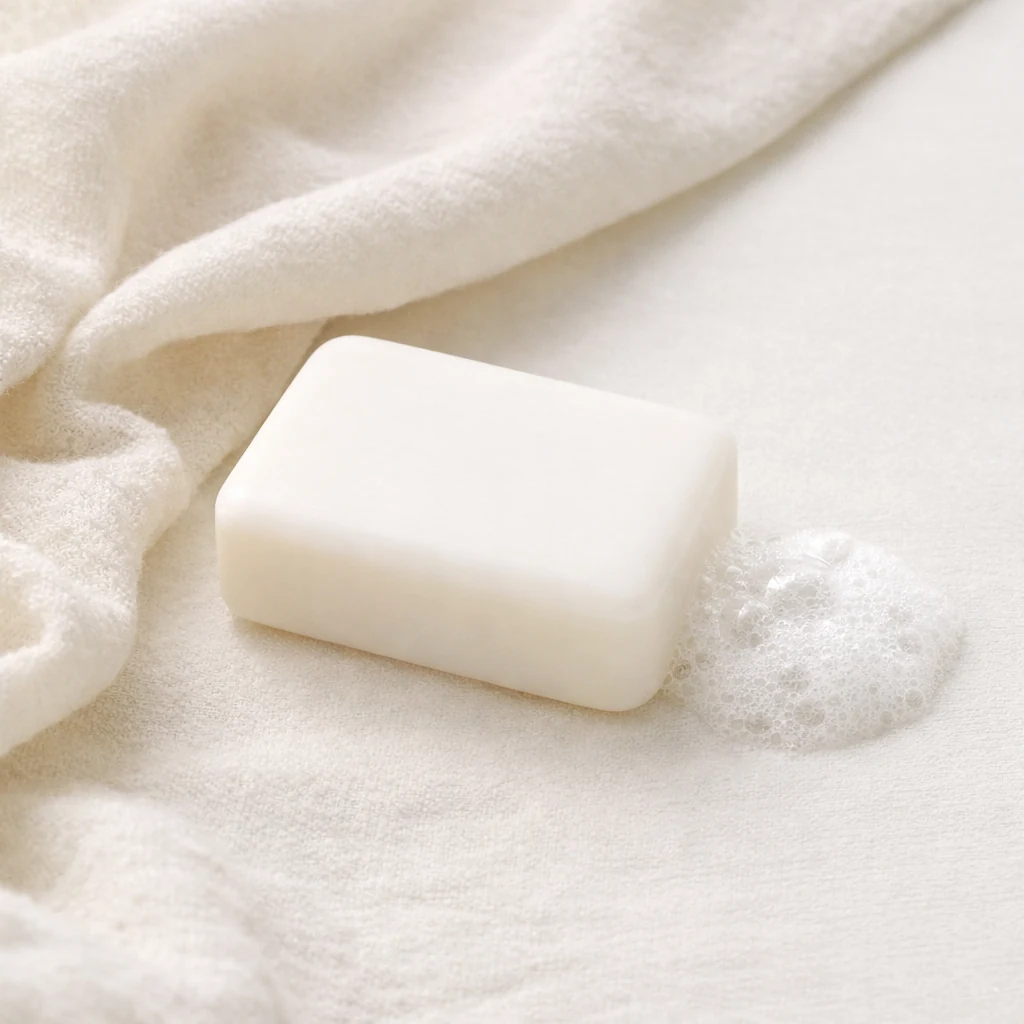 白い固形石けんと少量の泡が、やわらかな布の上に静かに置かれた清潔感のあるケアのイメージ。