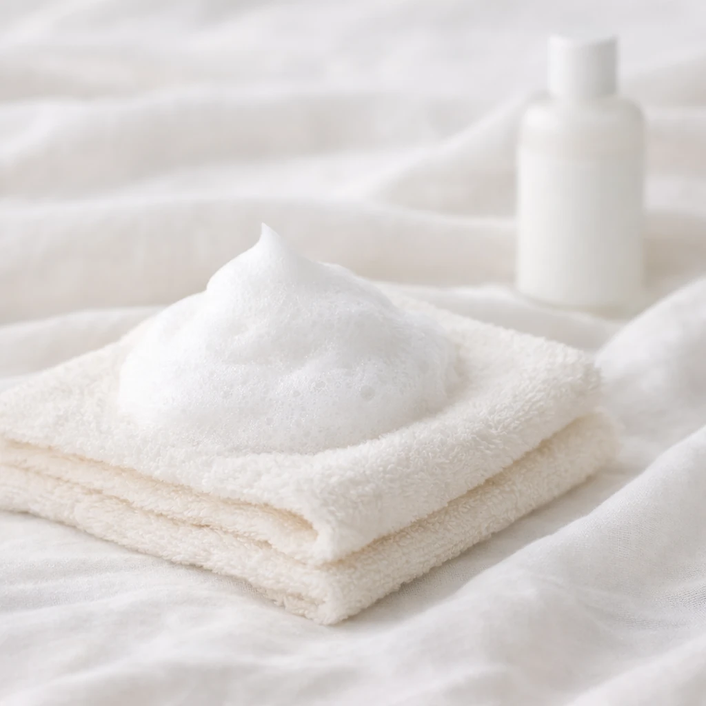 白い泡がやわらかなタオルの上に置かれた、清潔感のある静かなケアのイメージ。