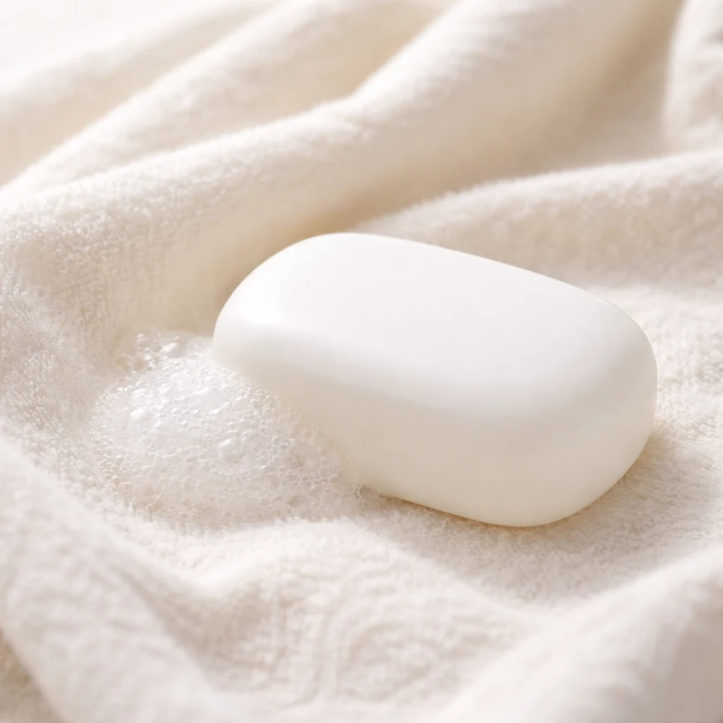 白い石けんと少量の泡が、やわらかな布の上に静かに置かれた清潔感のあるケアのイメージ。