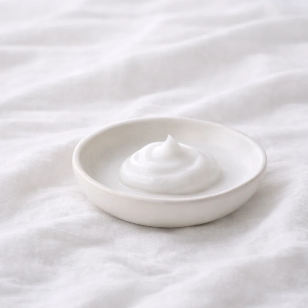 やわらかな白い布の上に、少量のクリームが入った白い小皿が静かに置かれた清潔感のあるケアのイメージ。