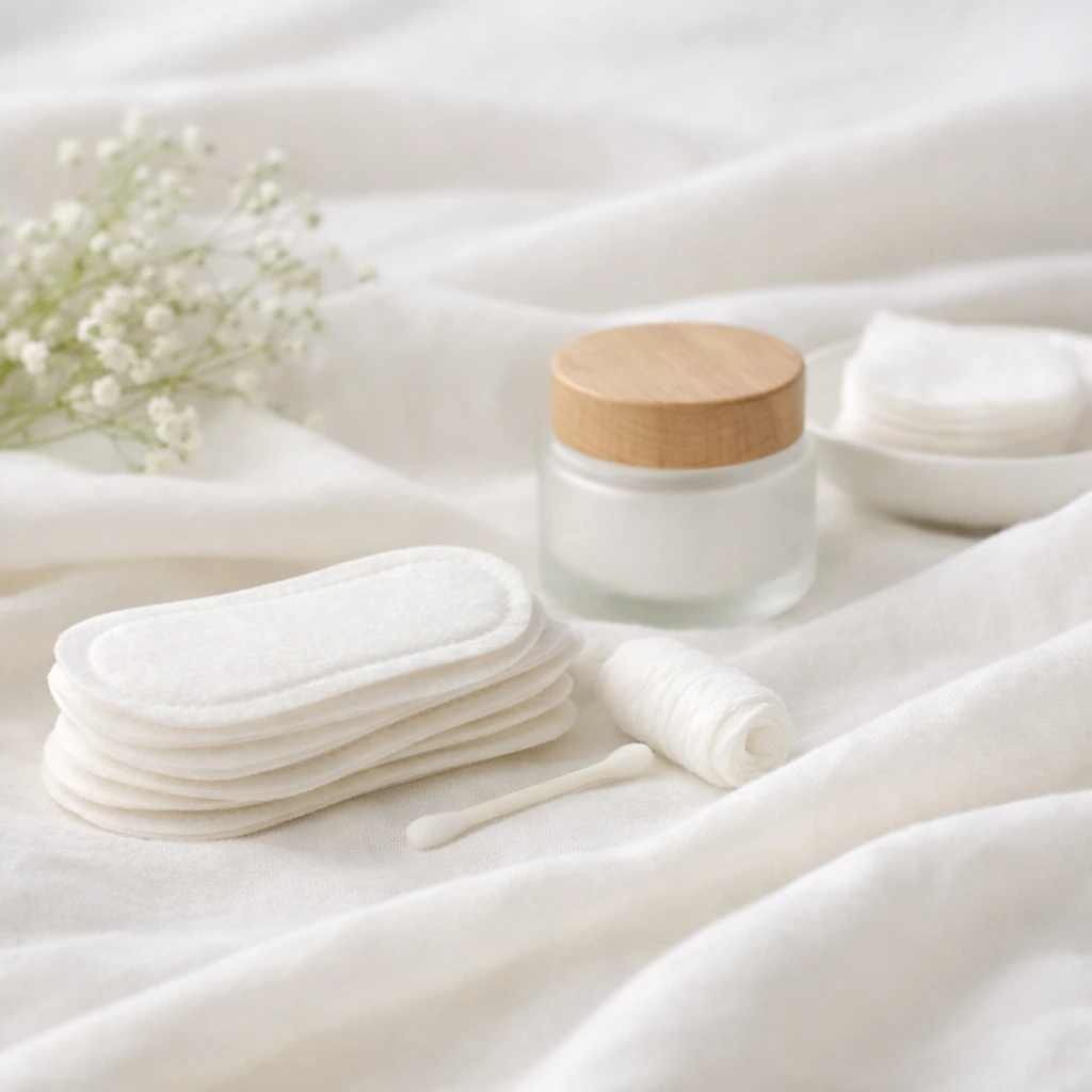 やわらかな白い布の上に、清潔感のあるケア用品が静かに並べられたセルフケアのイメージ。
