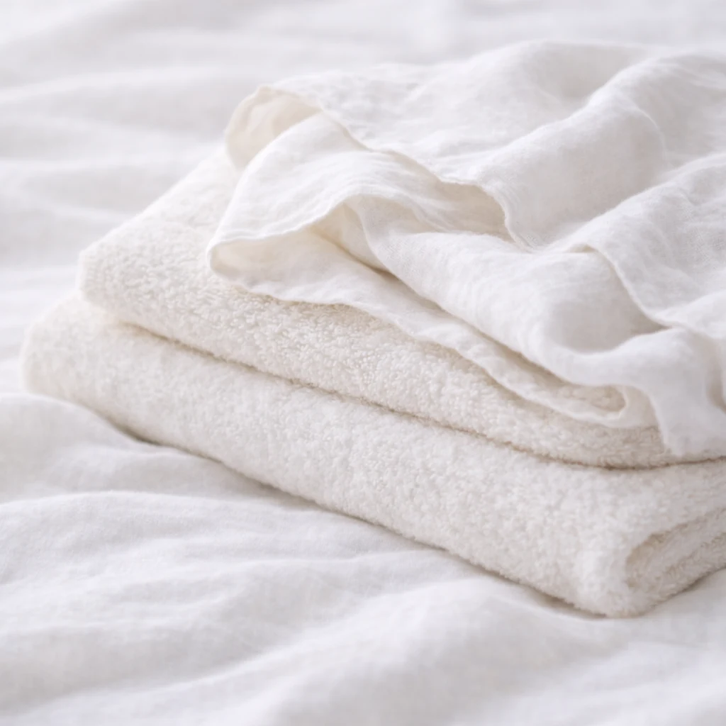 やわらかな白い布とタオルが静かに重なった、清潔感のあるやさしいセルフケアのイメージ。