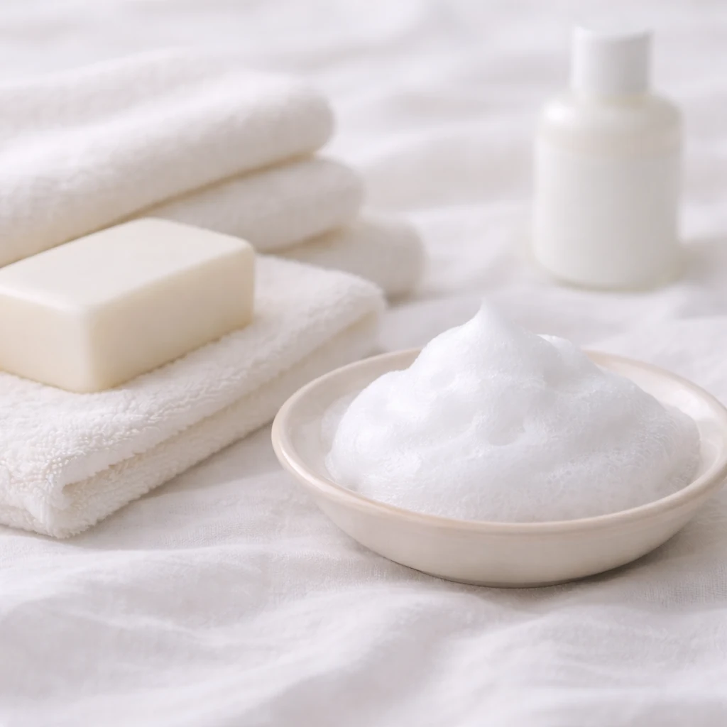 白い泡が入った小皿と石けん、やわらかなタオルが静かに並んだ、清潔感のあるケアのイメージ。
