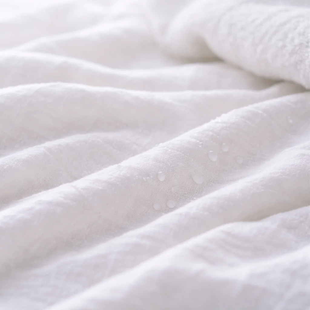 やわらかな白い布にうっすら水滴が残る、清潔感のあるやさしいセルフケアのイメージ。