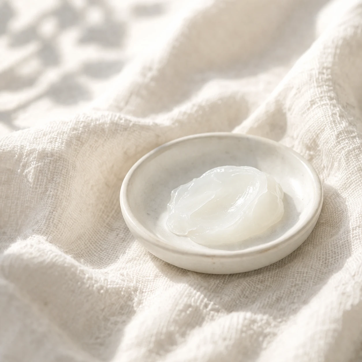 白い布の上に、小皿にのせた半透明のジェル状クリームが静かに置かれた清潔感のあるケアのイメージ。